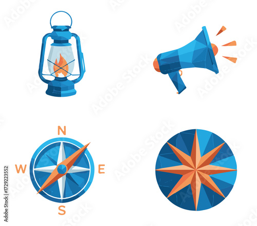 Set of adventure icons including a lantern megaphone compass and star flat vector illustration for travel and exploration concepts
