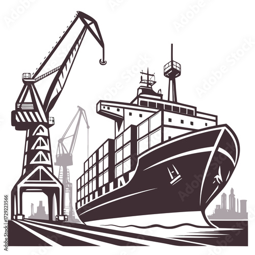 Modern cargo ship docked at port with large cranes loading and unloading containers