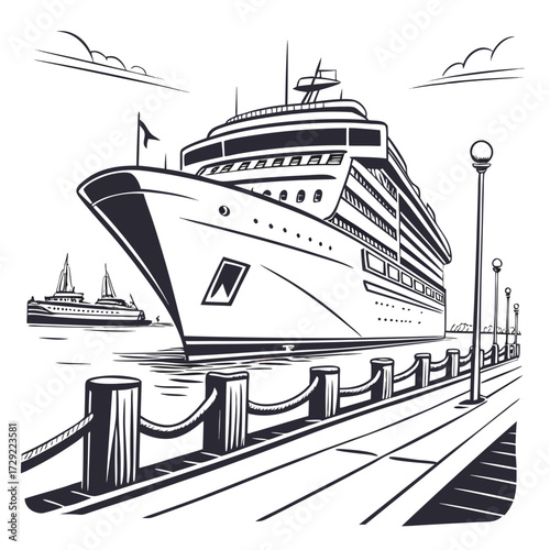 Large cruise ship docked at a pier with nautical ropes and lampposts in a stylized black and white drawing