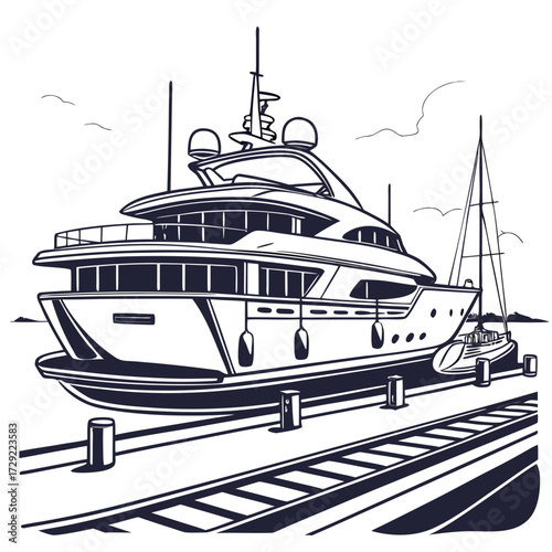 Luxury yacht and sailboat docked at a pier with a clear sky and distant land in the background