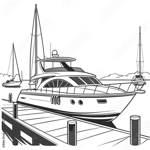 Luxury yacht docked at a pier with sailboats in the background on a clear day