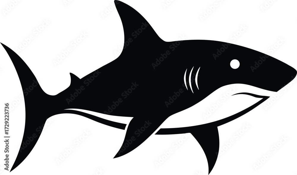 Obraz premium Black Silhouette of a Great White Shark on White Background marine ocean