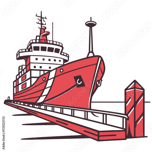 Modern red cargo ship docked at a pier with a white background and simple graphic style