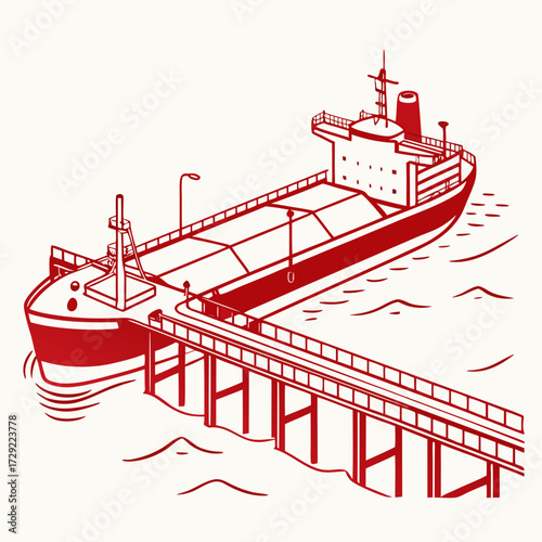 Red line art illustration of a large cargo ship docked at a pier with stylized waves