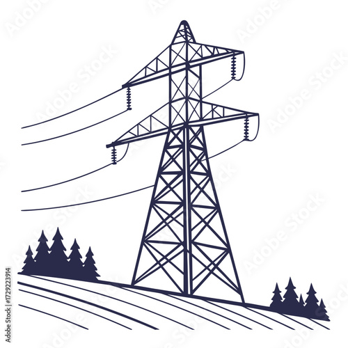 Silhouette of a tall electricity pylon with power lines stretching across a landscape with trees