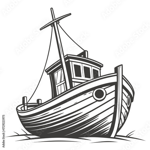Stylized black and white illustration of a classic wooden fishing boat with a mast and cabin