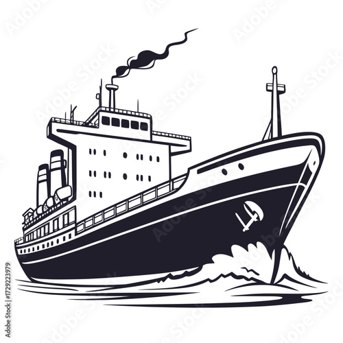 Stylized black and white illustration of a large cargo ship sailing through choppy water with smoke billowing from its stack