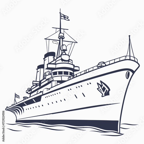 Stylized illustration of a large classic warship or cruiser sailing on the ocean waves