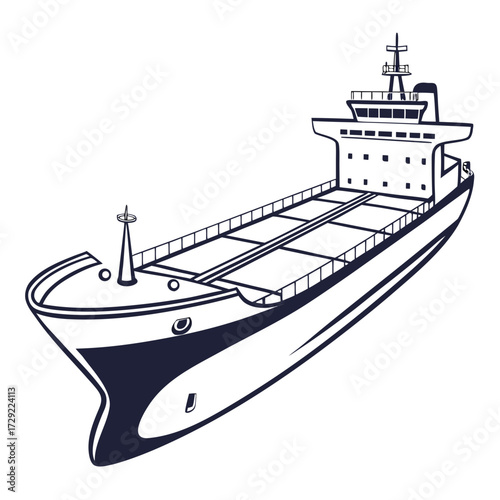 Stylized illustration of a modern cargo ship sailing on the ocean with a white background