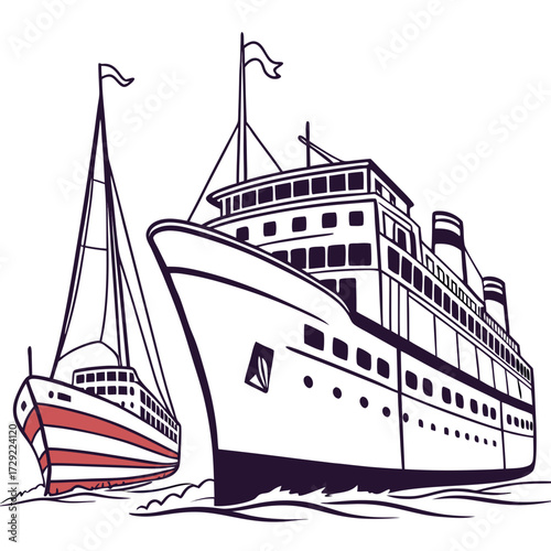 Stylized illustration of a large cruise ship sailing alongside a smaller sailboat on the water