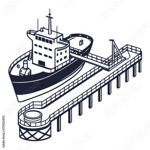 Stylized isometric illustration of a cargo ship docked at a pier with a gangway and storage tank