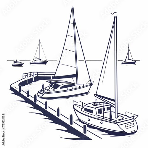 Stylized line art illustration of sailboats and motorboats docked at a pier on a calm sea