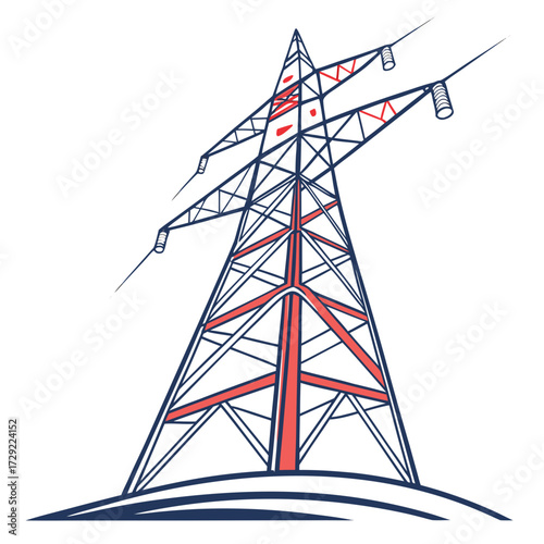 Stylized illustration of a tall electricity pylon with red accents on a white background