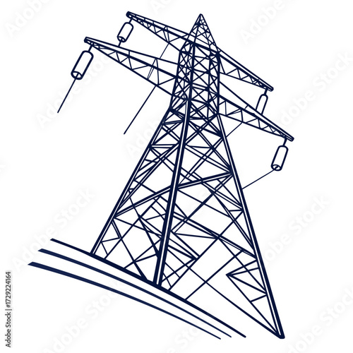 Stylized outline drawing of a tall electricity pylon with power lines against a white background