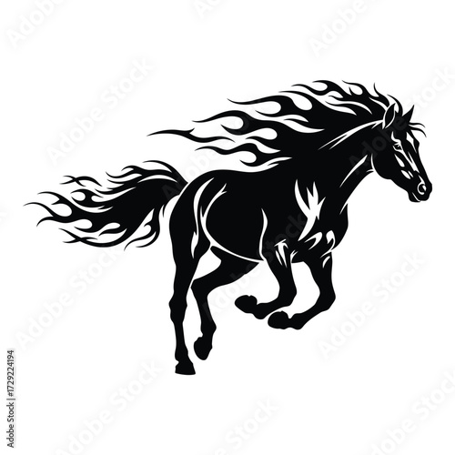 Dynamic black stallion galloping with fiery mane and tail silhouette art silhouette