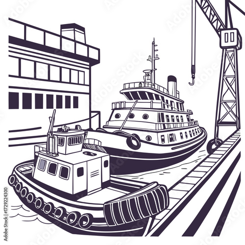 Tugboat and large ship docked at a harbor with a crane in the background graphic illustration