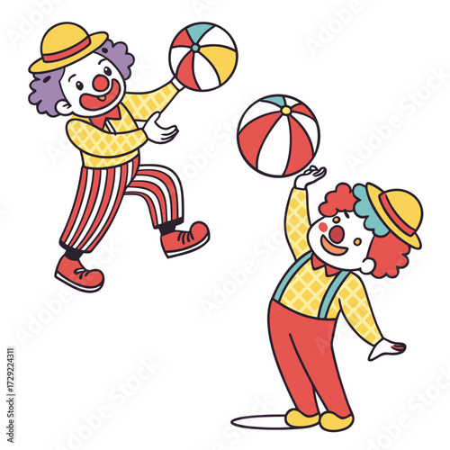 Two cheerful cartoon clowns in colorful costumes juggling balls on a white background