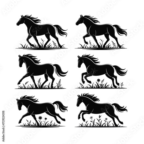 Horse Silhouette Vector Set – Black and White Running, Walking and Galloping Horses Illustration