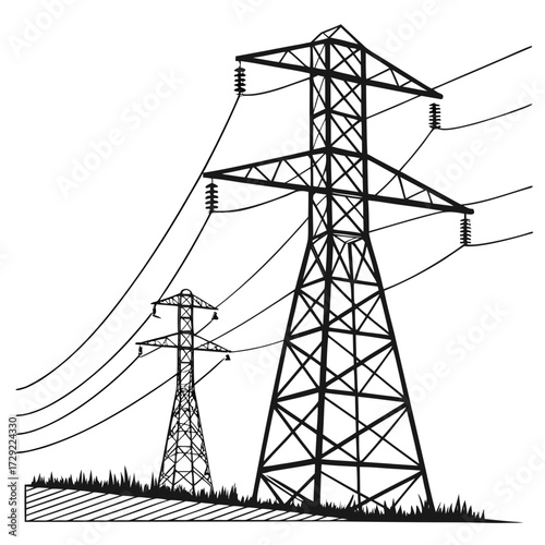 Two black and white silhouette power line towers stand tall against a white background with grass at their base