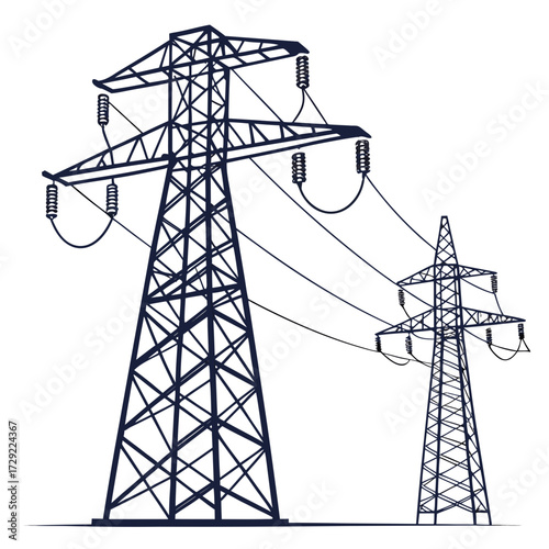 Two dark blue silhouette electricity pylons with power lines against a white background