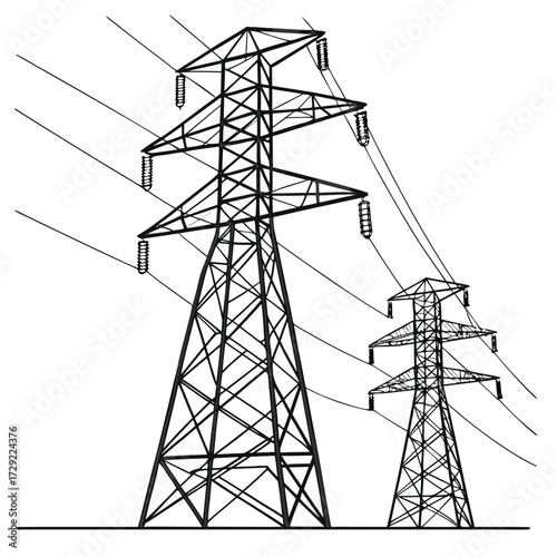 Two tall electricity pylons with power lines stretching across a white background in a graphic illustration style