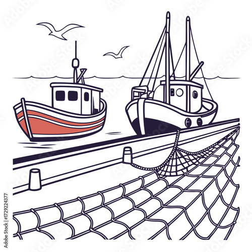 Two fishing boats docked at a pier with fishing nets and seagulls flying overhead