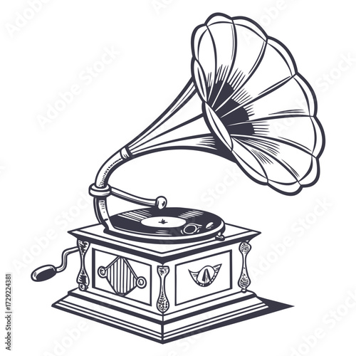 Vintage gramophone with horn and vinyl record playing music in a classic retro style illustration