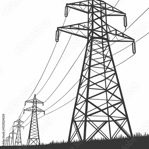 A line of tall imposing electricity pylons with power lines stretching across a clear white sky