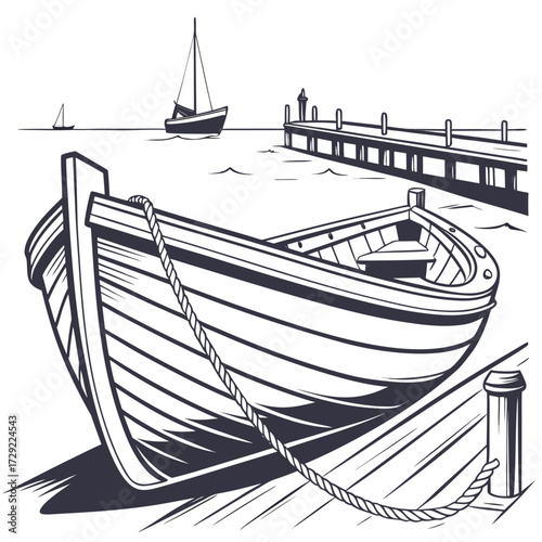 Wooden rowboat tied to a pier with sailboats in the distance on a calm sea
