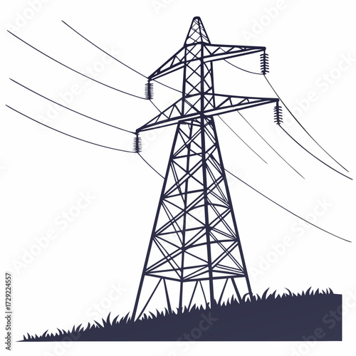 A stylized silhouette of a tall electricity pylon with power lines stretching across a white background over grass