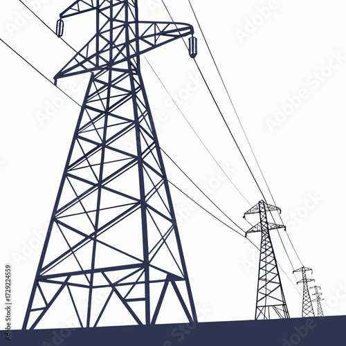 A row of dark blue electricity pylons and power lines against a white background