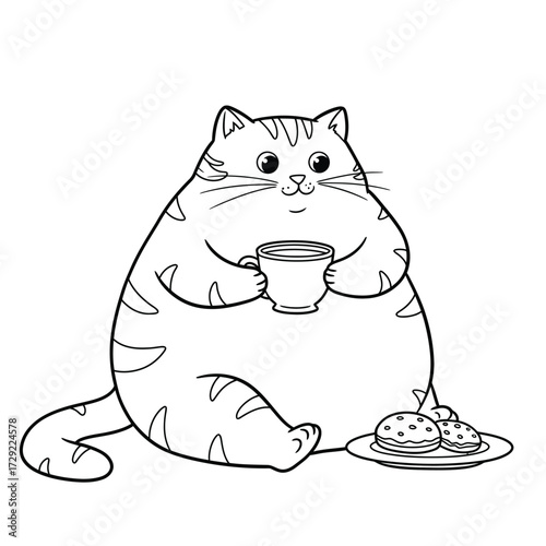 Cartoon cat holding teacup with cookies in cozy scene on a white background. EPS 10.