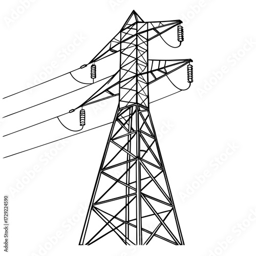 Black and white line drawing illustration of a large electricity pylon supporting power lines against a white background
