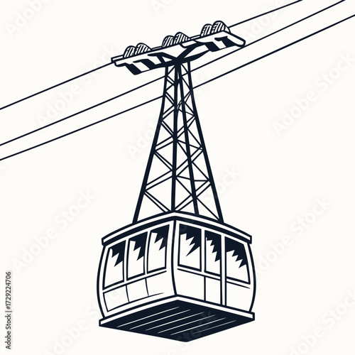 Modern cable car cabin suspended from wires on a tall metal tower against a plain background