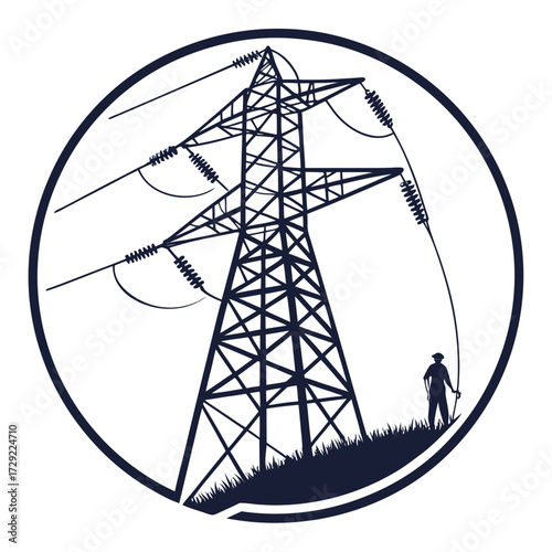 Silhouette of a lone hiker with walking sticks near a tall electricity pylon on a grassy hill within a circle