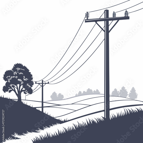 Silhouette of a rural landscape with rolling hills a lone tree and power lines stretching across the sky
