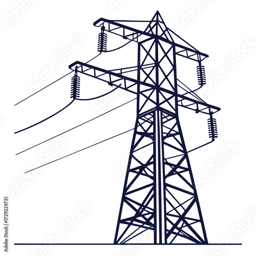 Silhouette of a tall electricity pylon with power lines stretching across a white background