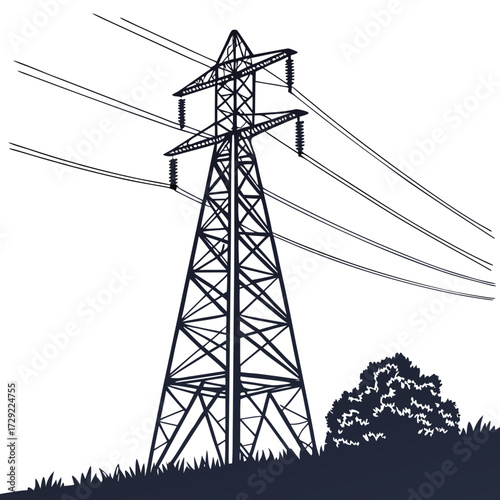 Silhouette of a tall electricity pylon with power lines stretching across a clear sky above grass and a bush