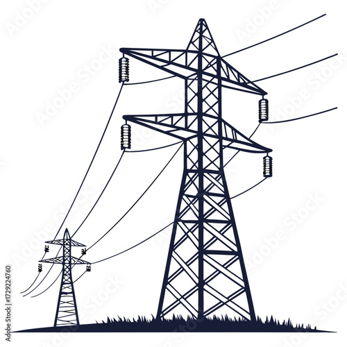 Silhouette of two electricity pylons and power lines against a white background with grass at the base