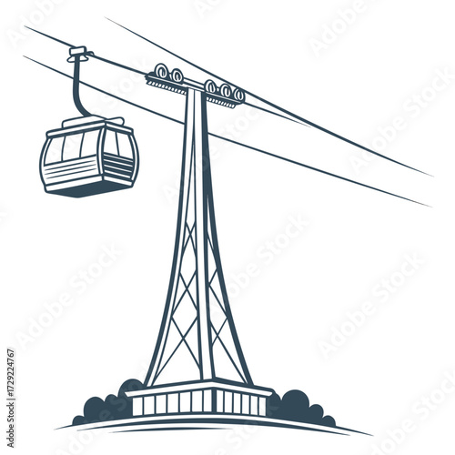 Stylized line art illustration of a modern cable car suspended from a tall tower against a white background