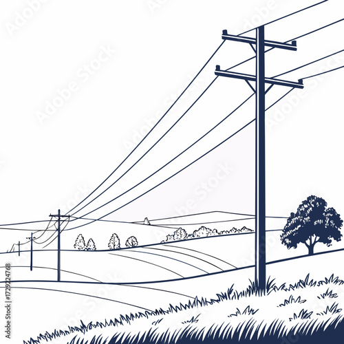 Stylized illustration of rolling hills and farmland with prominent telephone poles and power lines stretching across the landscape
