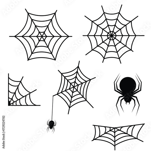 Set of black Silhouette vector spider webs and spiders in different shapes, Ideal for Halloween, spooky designs, decorations, and horror-themed