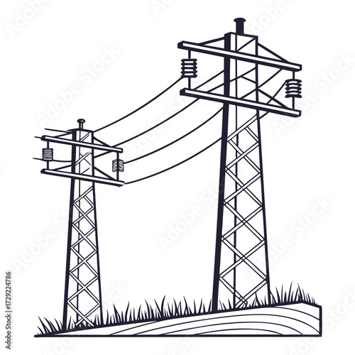 Stylized line art illustration of two electricity pylons supporting power lines in a grassy field