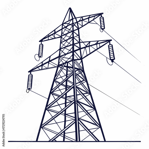 Stylized line art illustration of a tall electricity pylon with power lines against a white background