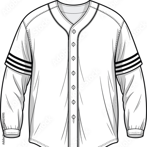 Baseball jersey shirt technical fashion flat sketch, long sleeve button front sportswear vector template CAD drawing for garment production illustration