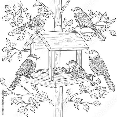 Bird feeder hanging from tree with birds feeding on a white background. EPS 10.