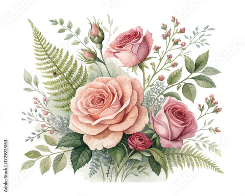Watercolor Vintage Floral Illustration with Roses and Fern isolated on white background