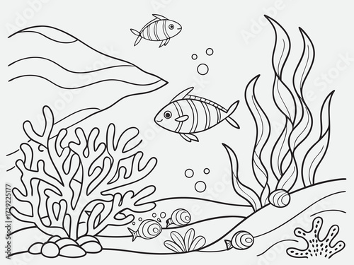 Coloring book page for adult. Underwater seabed with algae and corals, line art design and fish