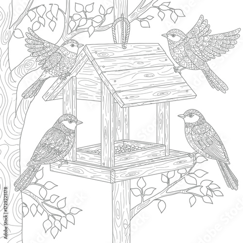 Bird feeder hanging from tree with birds feeding on a white background. EPS 10.