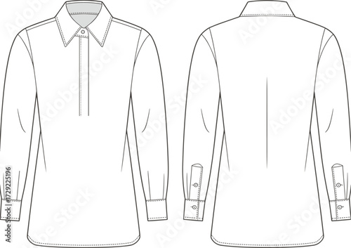 Cad drawing flat vector illustration of classic long sleeve button down shirt front and back fashion technical sketch clothing template
